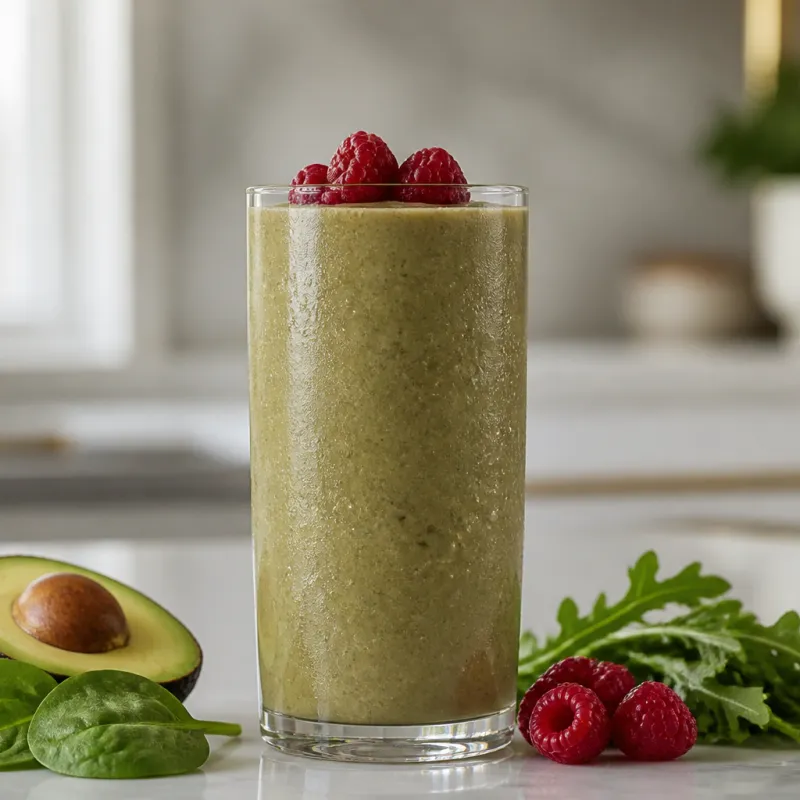 Smoothie de aguacate y espinacas con rúcula y frambuesas