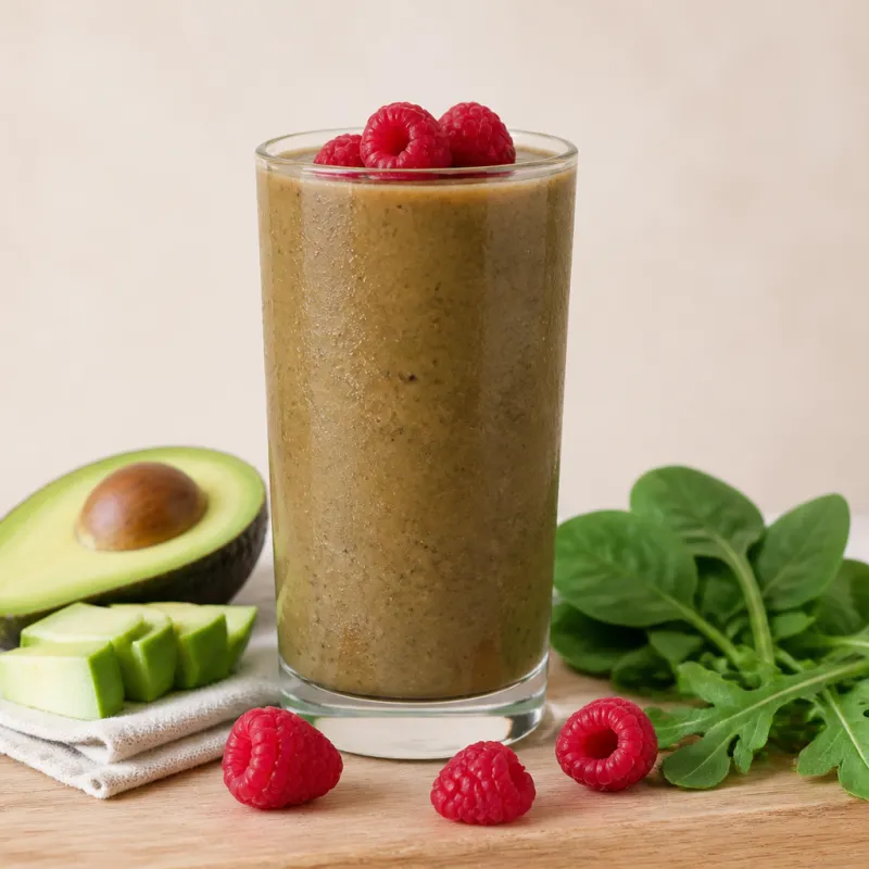 Smoothie de aguacate y espinacas con frambuesas y rúcula
