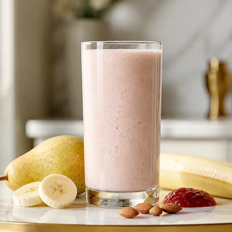 Smoothie de plátano y almendra con mermelada de fresa