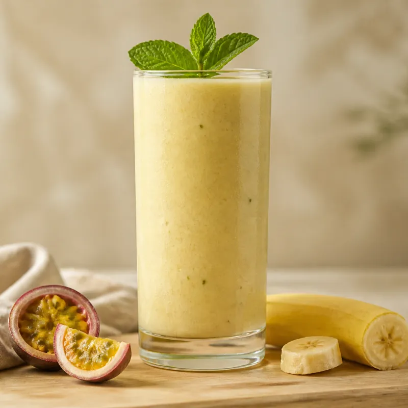 Smoothie de plátano y maracuyá con agua de coco