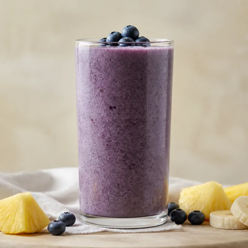 Smoothie de plátano y piña con arándanos