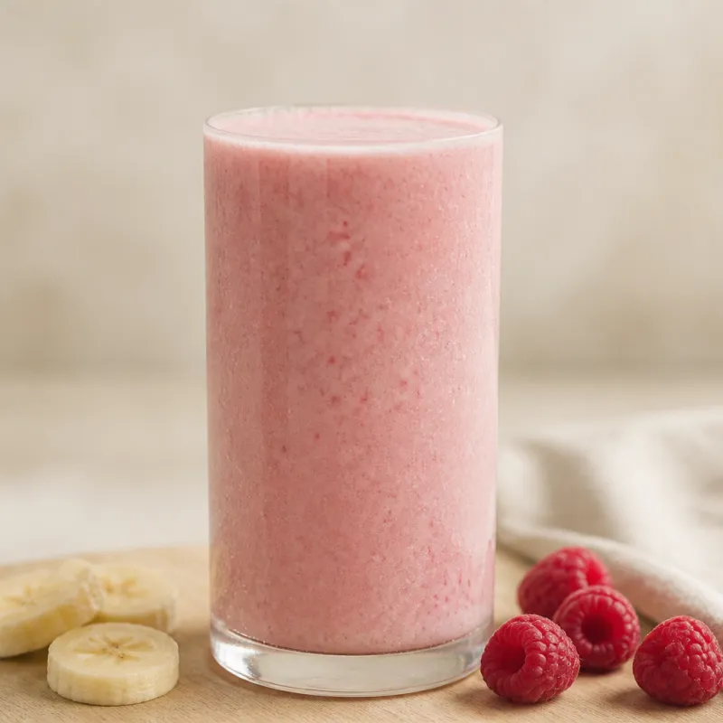 Smoothie de plátano con bebida de arroz y frambuesas