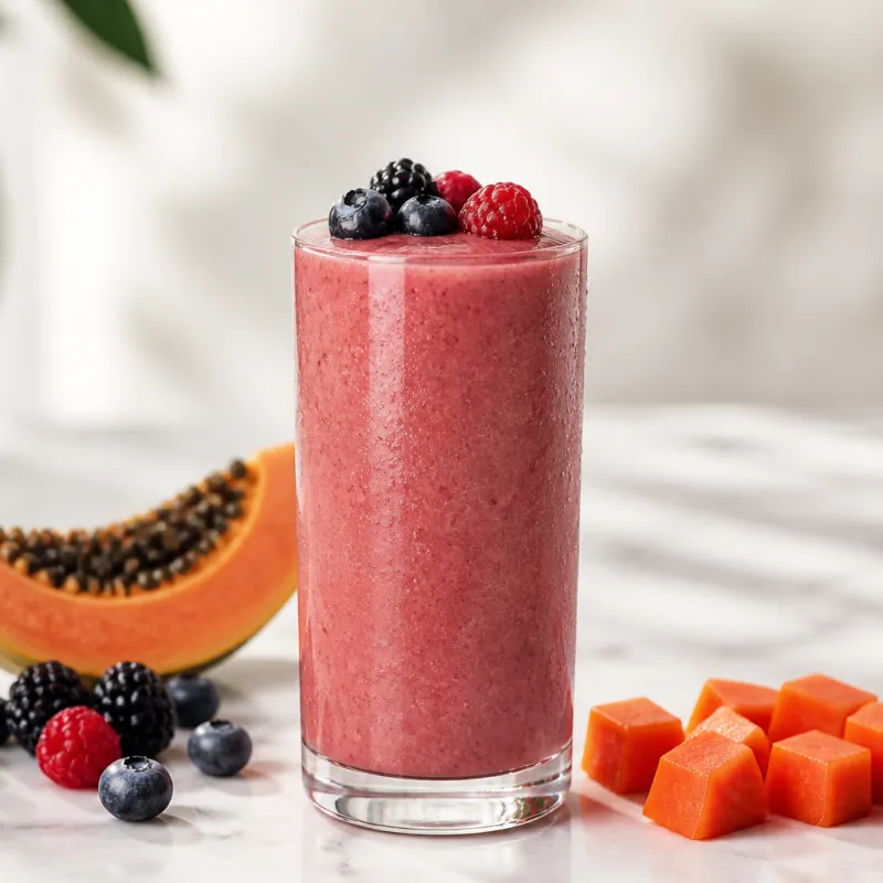 Smoothie de frutos rojos y papaya con infusión de frutas