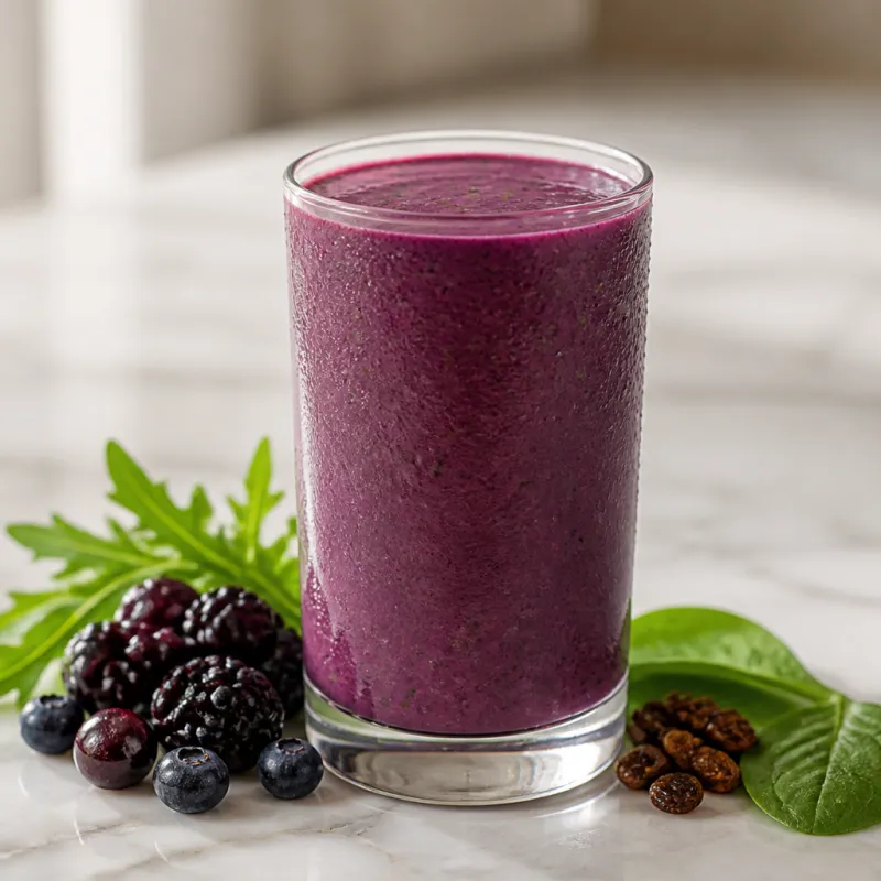 Smoothie de frutos rojos y rúcula con bebida de avena y pasas