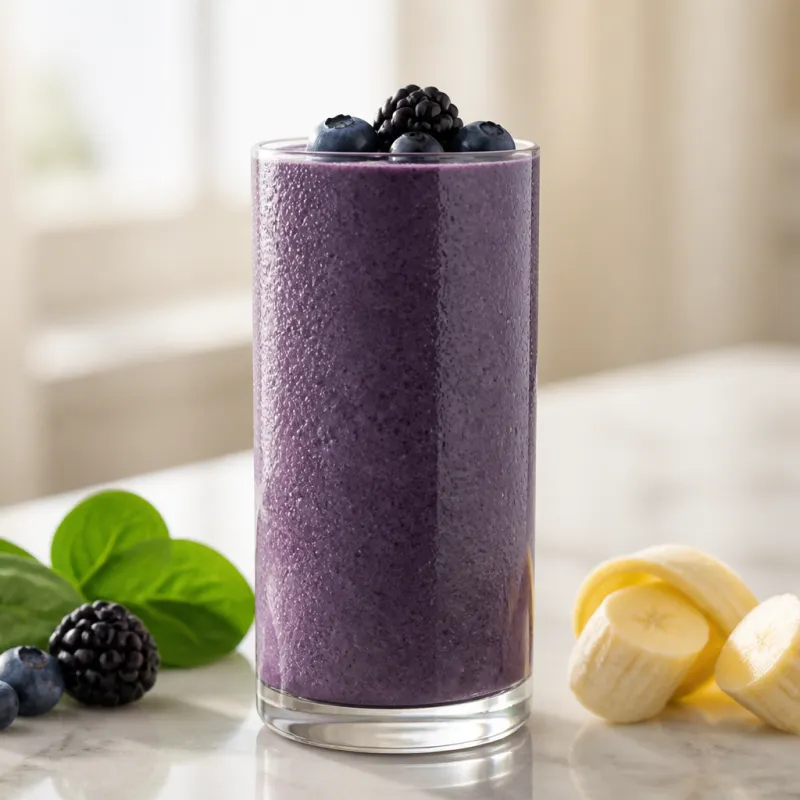 Smoothie de frutos rojos, espinacas y plátano con arándanos