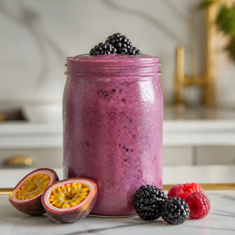 Smoothie de moras y maracuyá con yogur