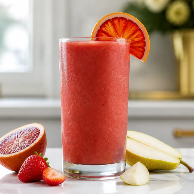 Smoothie de naranja sanguina y fresa con pera