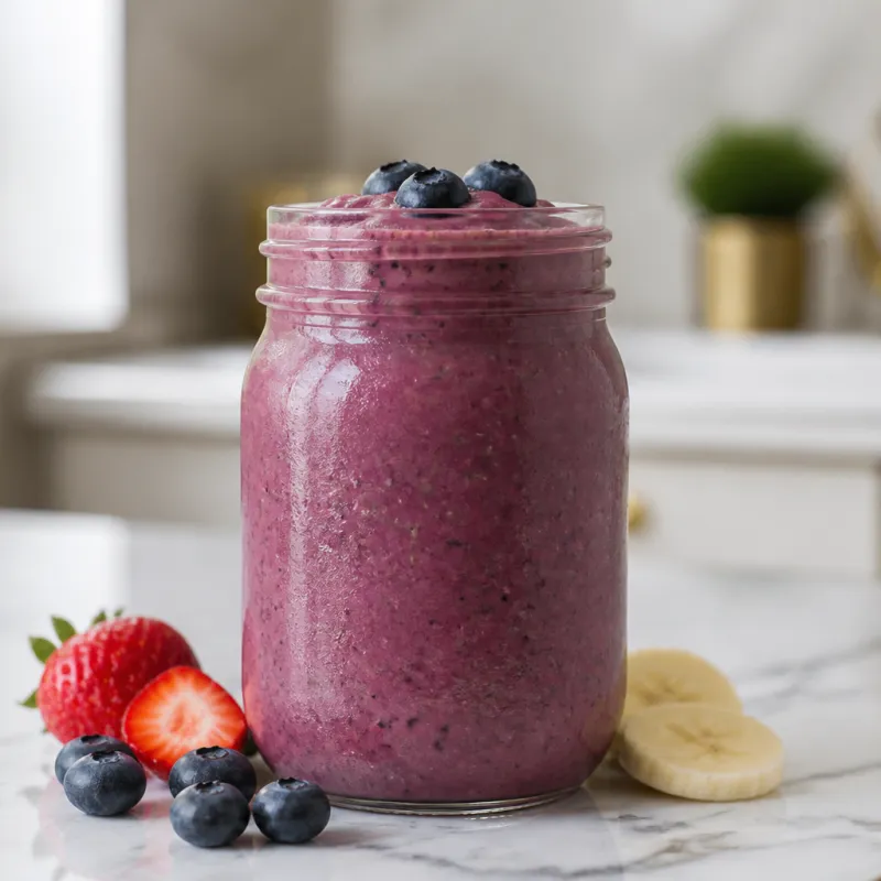 Smoothie de arándanos y fresa con té de frutas y chía