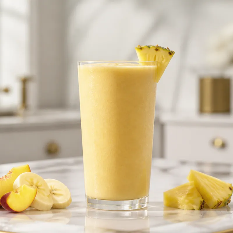 Smoothie de coco, plátano y piña con melocotón