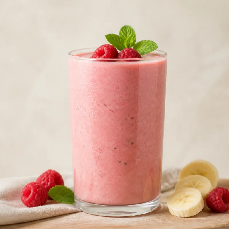 Smoothie de frambuesa y plátano con menta
