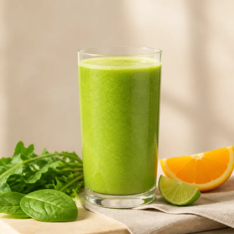 Smoothie de diente de león y espinacas con zumo de naranja