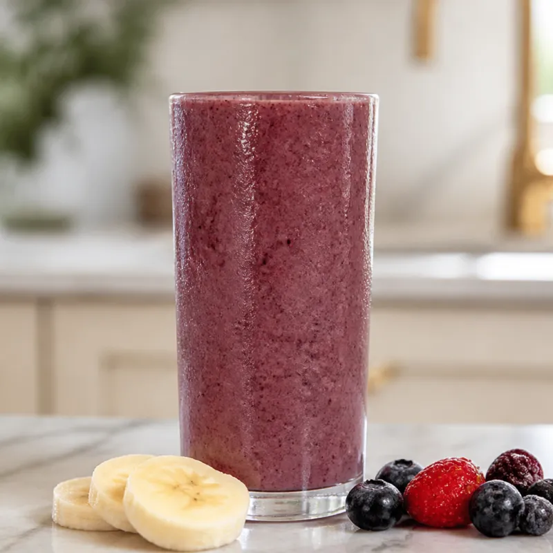 Smoothie de frutos rojos congelados y plátano