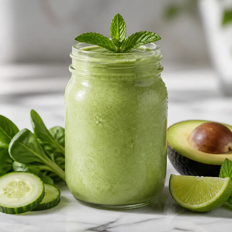 Smoothie de canónigos y pepino con aguacate y té de menta