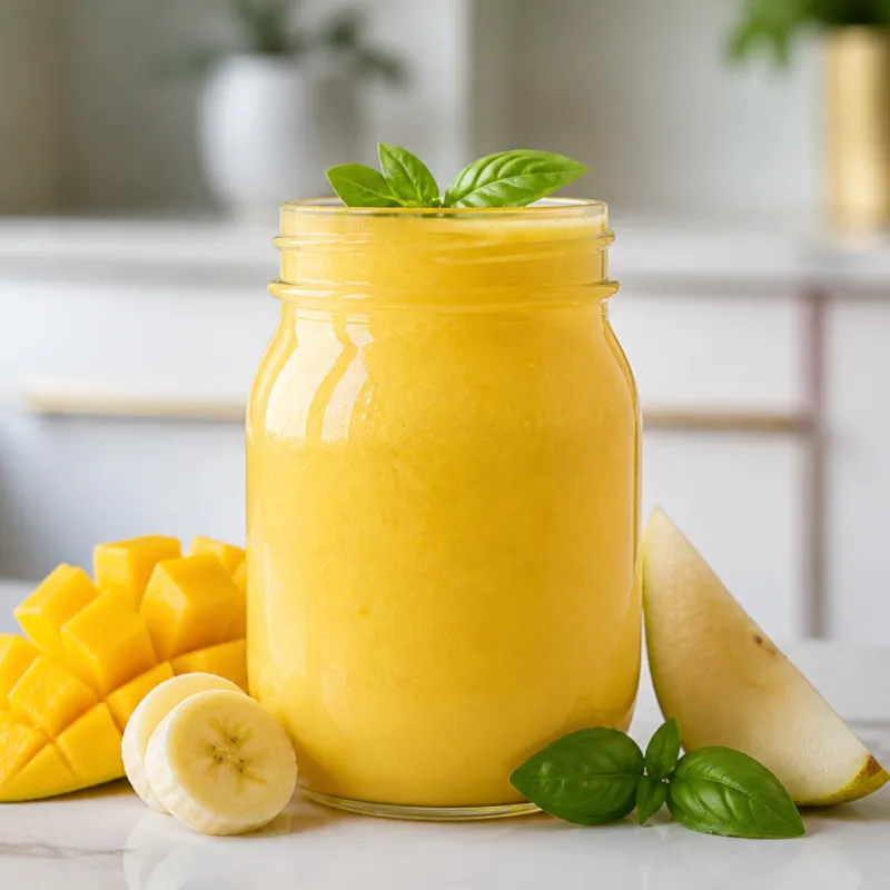 Smoothie de mango y plátano con pera y albahaca
