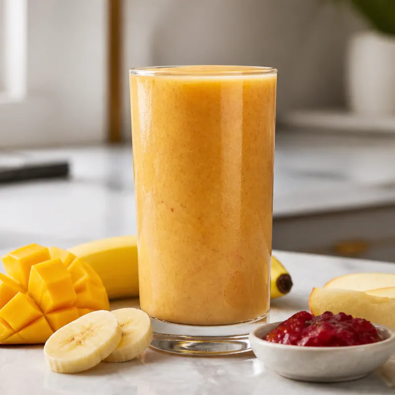 Smoothie de mango y plátano con mermelada de frambuesa