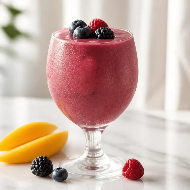 Smoothie de mango y frutos rojos con infusión de frutas
