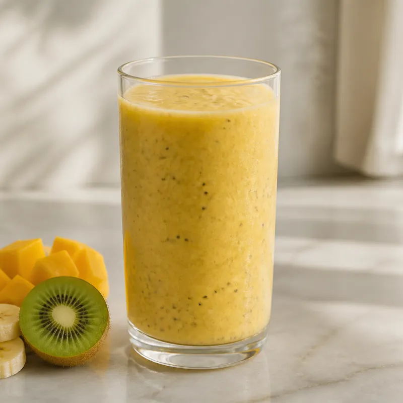 Smoothie de mango y kiwi con agua de coco y semillas de chía