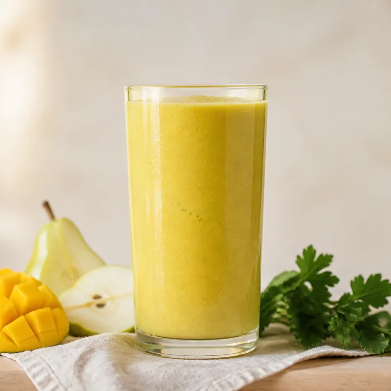 Smoothie de mango y pera con perejil y agua de coco