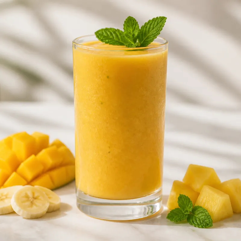 Smoothie de mango, piña y plátano con menta