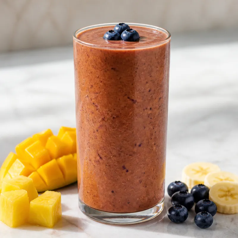 Smoothie de mango y piña con arándanos