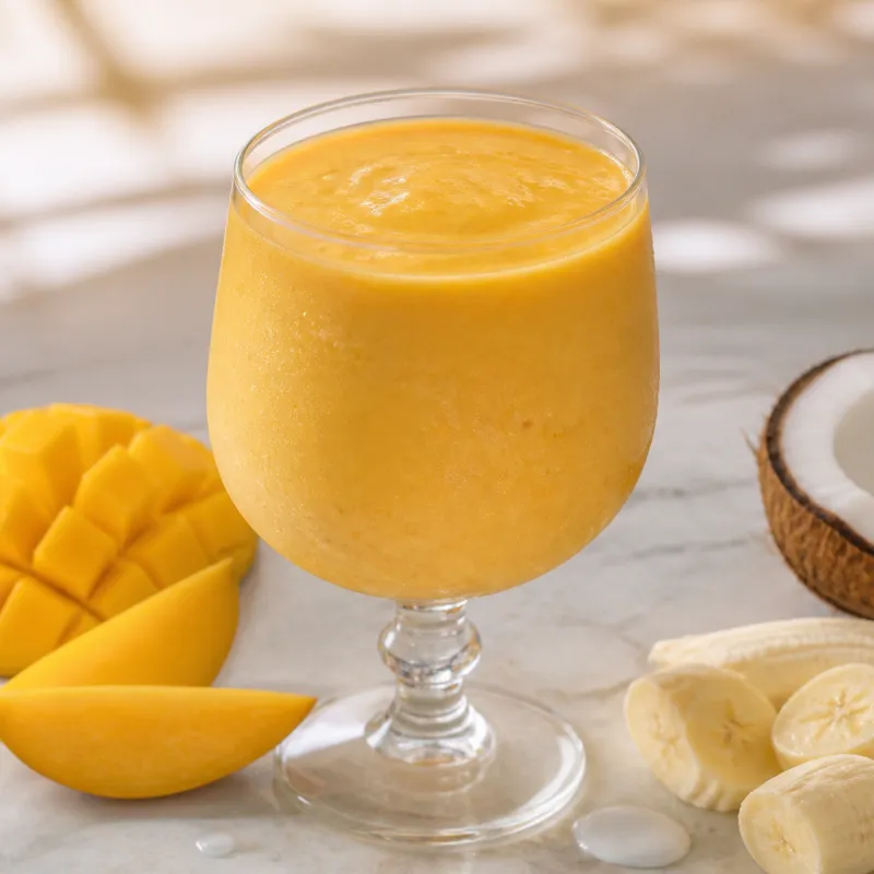 Smoothie de mango y yogur con coco y plátano