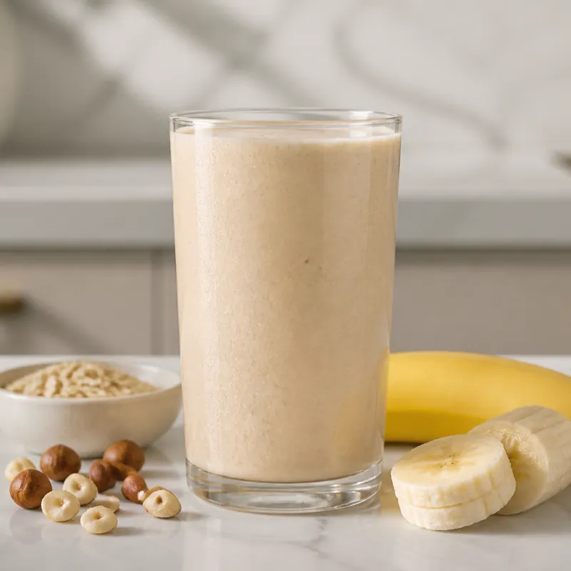 Smoothie de bebida de avena y plátano con avellanas