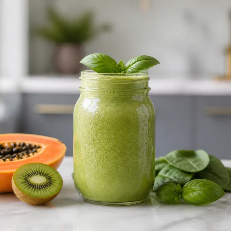 Smoothie de papaya, kiwi y espinacas con albahaca