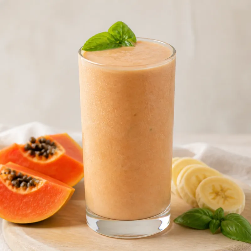 Smoothie de papaya con leche de coco y albahaca