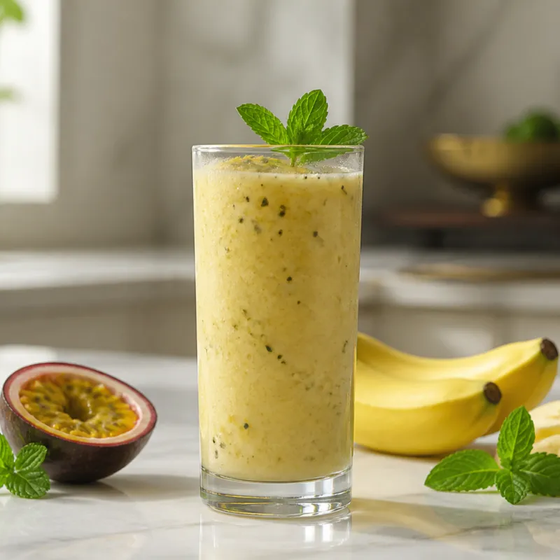Smoothie de maracuyá y plátano con menta fresca