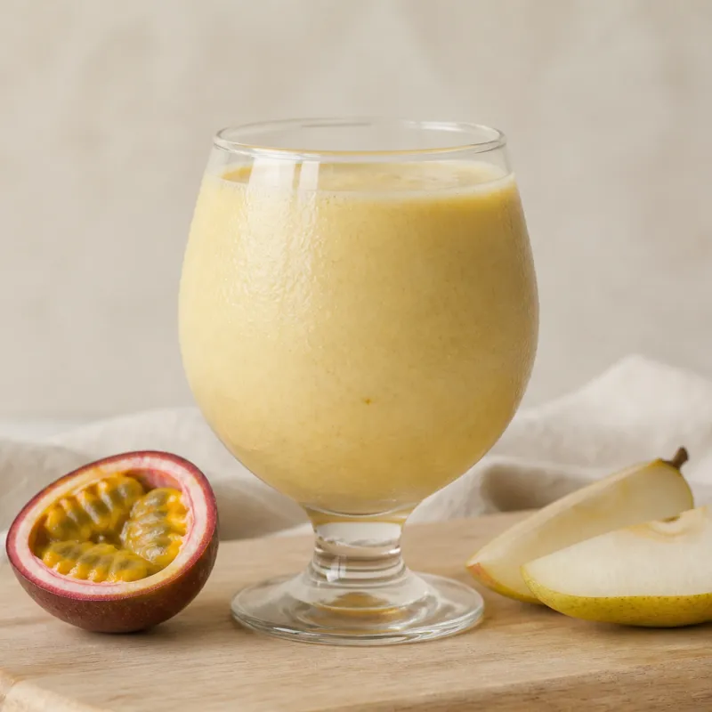 Smoothie de pera y maracuyá con agua de coco