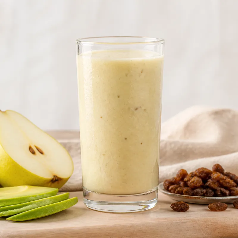 Smoothie de pera con bebida de arroz y pasas sultanas