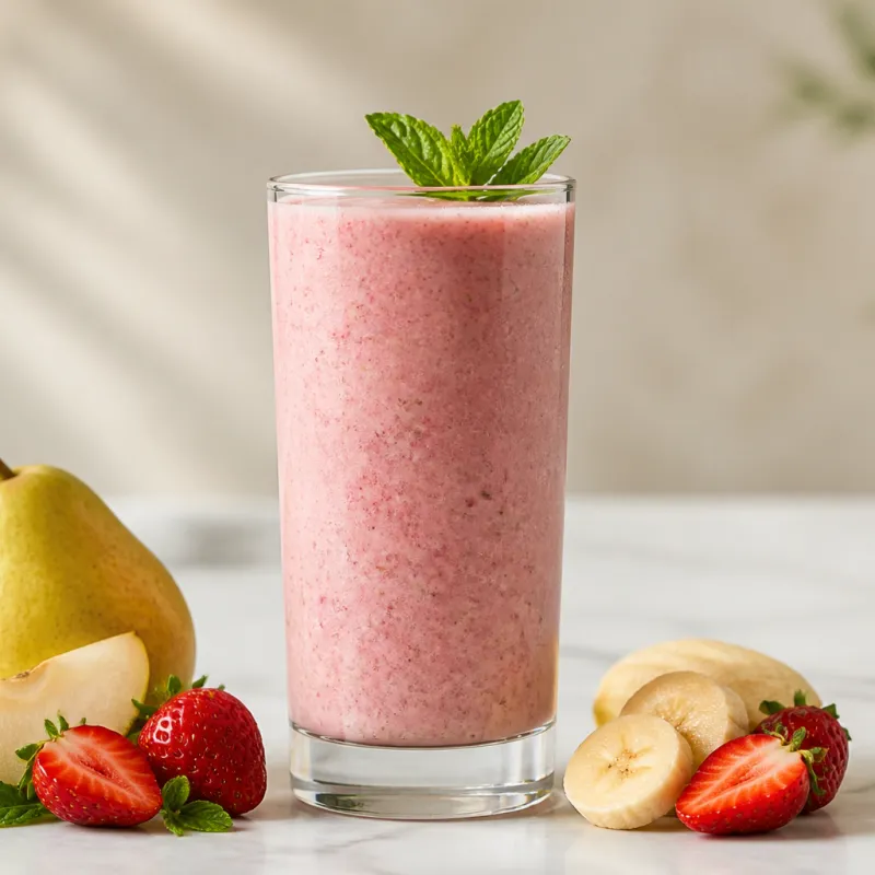 Smoothie de pera y fresa con menta y leche