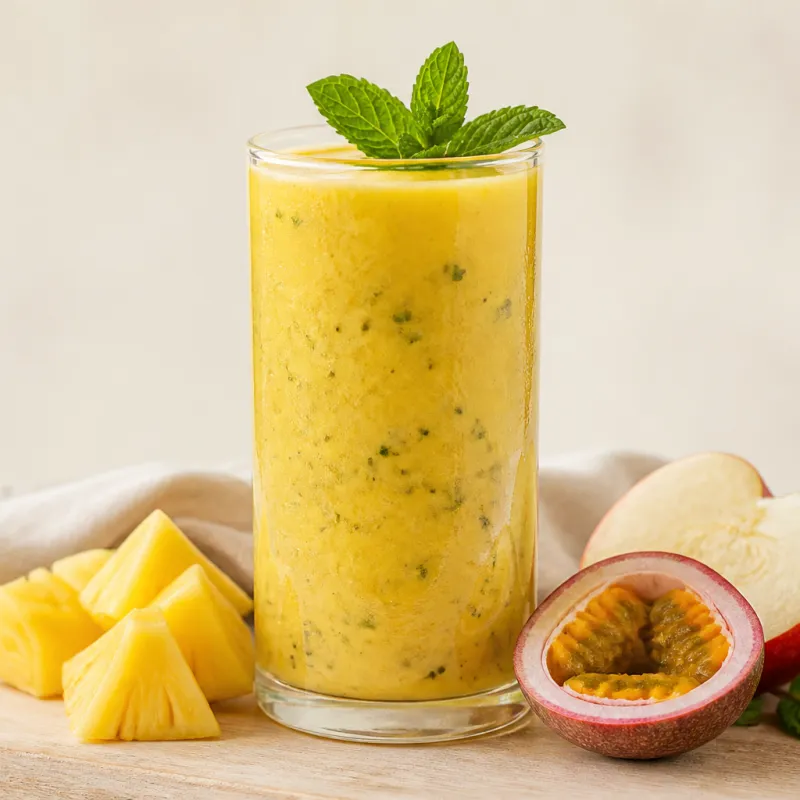 Smoothie de piña y maracuyá con menta fresca
