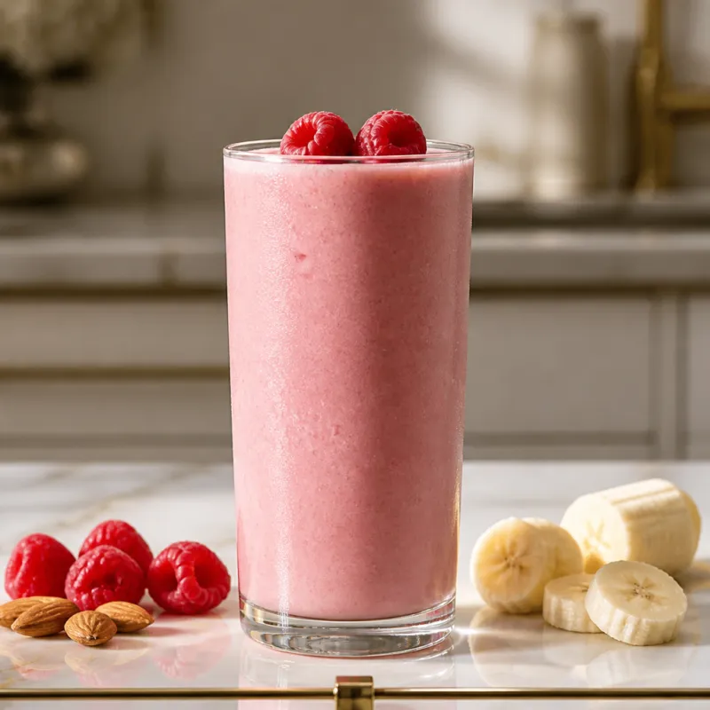 Smoothie de frambuesa y plátano con almendras