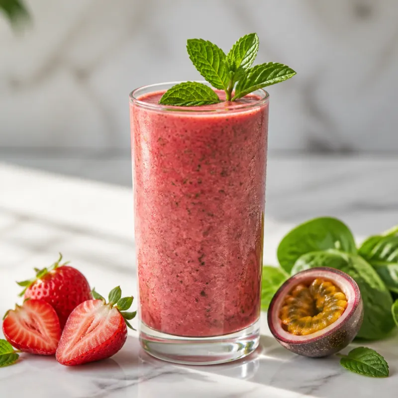 Smoothie de fresa y maracuyá con espinacas baby y menta