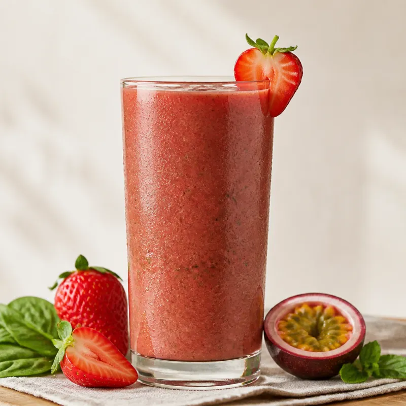 Smoothie de fresa y maracuyá con espinacas baby